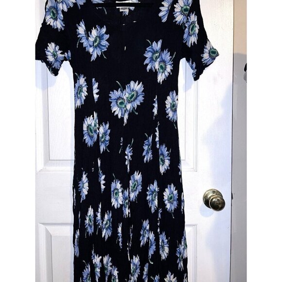 Vintage 90S AMERICAN ANGEL Navy Floral Crinkle Maxi Dress Goth Cottagecore - Picture 3 of 11